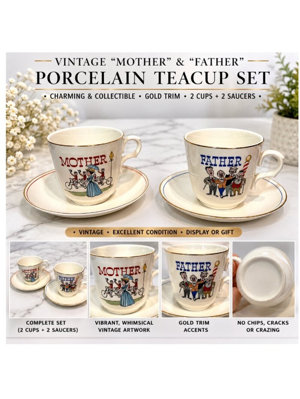 Vintage Mother Father Teacup Set Gold Trim Cups Saucers Collectible Gift